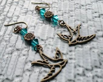 Bird Earrings, Swarovski Crystal Earring, Swallow Earrings, Brass Earrings