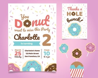 Donut Invitation | Donut Birthday invitation| Donut Birthday Card | Donut birthday invitation card + Free Thank You Card
