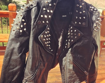 Vintage Studded Motorcycle Biker Real Leather Cropped Jacket