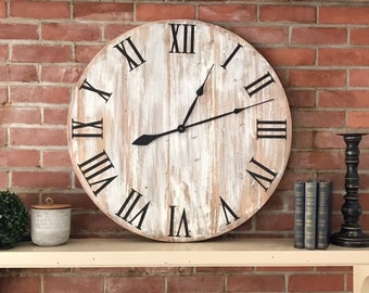 Rustic Large Farmhouse Clock - White Washed Clock - Rustic Home Decor - Farmhouse Style - Housewarming Gift - Large Wall Clock