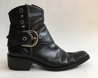 Vintage Black Leather Harley Davidson Motorcycle Harness Ankle Boots Size 8.5 9 Americana Western Festival