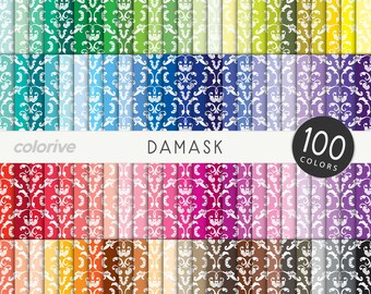 Damask digital paper 100 rainbow colors retro vintage pattern brights pastels neutrals printable scrapbooking paper