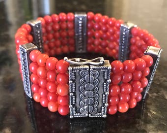 Red Natural Coral with Bali Sterling Silver Bars & Clasp