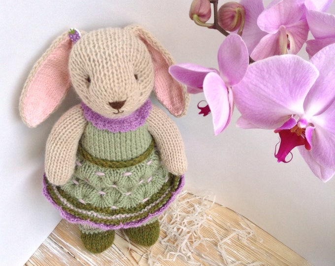 Hand knitted bunny rabbit. Knitted stuffed animals. Soft knit toy bunny. Handmade toys.