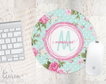 Pink Floral Mouse Pad, Computer Mouse Pad, Monogram Office Supplies, Monogram Mouse Pad, Personalized Mouse Pad, Teal Floral Mouse Pad LPM89