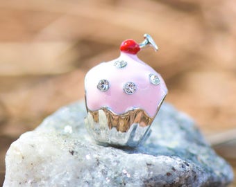 Cupcake Charm in Sterling Silver, Silver, Pink Cup Cake Charm with Cherry on it, Cup Cake Charm Bracelet, Charms for Bracelet, Food Charms