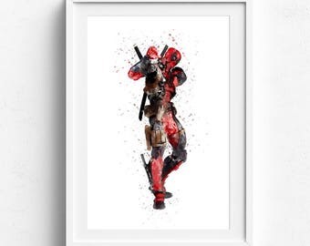 Deadpool art, superhero art, deadpool poster, superhero posters, superhero wall art, deadpool watercolor, superhero prints, kids wall art