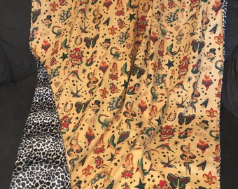 Tattoo leopard faux fur throw blanket,  punk rock tattoo blanket, tattoo faux fur blanket, Rockabilly blanket, Sailor Jerry tattoo blanket,