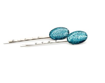 Set of Blue Sparkle Gem Silver Bobby Pins