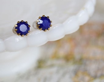 vintage royal blue swarovski crystal post earrings- crown style setting