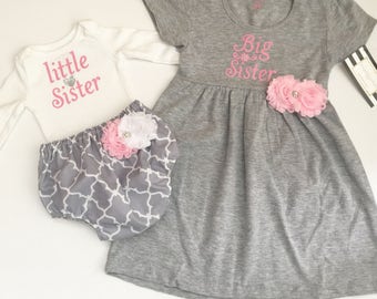 Big Sister Little Sister OUTFITS .. Shabby chic Pink and grey dress and diaper cover onesie -sister Set..new baby..baby shower
