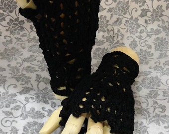 Black Steampunk Victorian Lace Crochet Fingerless Gloves Noir Punk Wiccan