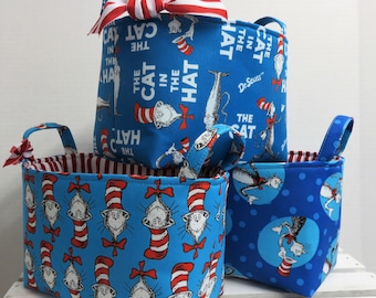 Set of 3 Fabric Container Organizer Bins Baskets -Storage Organization - Made w/ Licensed Dr. Seuss Fabrics - Blue Cat in the Hat Fabrics