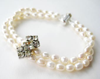 Rhinestone Pearl Bracelet, Silver Bridal Bracelet, Two Strands of Freshwater Pearls, Vintage Rhinestone Accent Wedding Jewelry, Julia