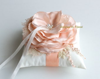Wedding ring bearer pillow with pink/peach flower ---wedding rings pillow , ring bearer pillow