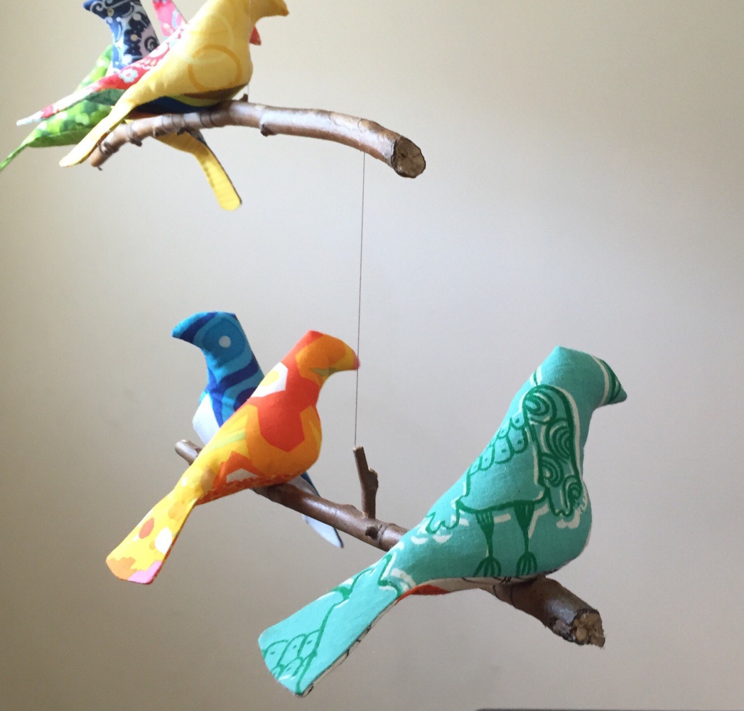 Bird Mobile Custom 5 colorful Birds on natural tree branches