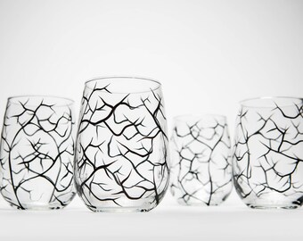 Hand Painted Wine Glasses - Set of 4 Stemless Wine Glasses, Bare Branches, Tree Branch Glassware, Painted Wine Glass, Winter Tree Branches