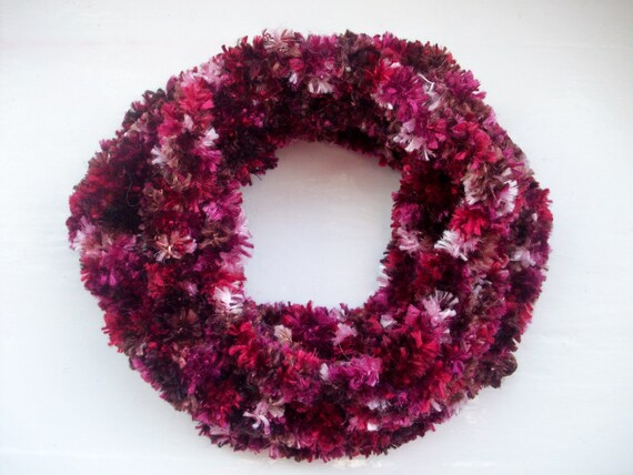 Vegan neck warmer, knitted cosy cowl, warm collar, shades of burgundy, red and pink, soft textured snood scarf