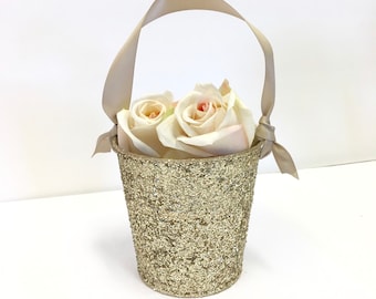 Flower Girl Baskets + Champagne Gold Glitter Flower Girl Basket with ribbon Handle (4 1/2" x 4 7/16"x 3 3/8") ON SALE
