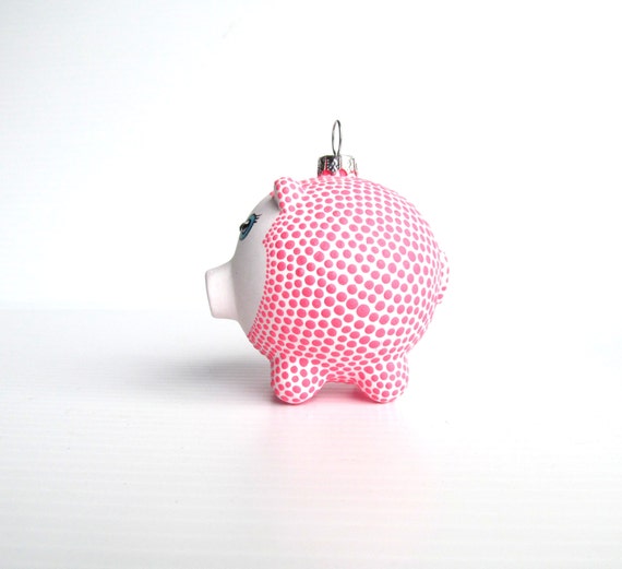Piggy Ornament: Hand painted Glass Piggy ornament Pink and white Piggy
