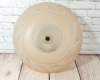Vintage Porcelain Light Fixture with Pale Pink Glass Ceiling Light Globe