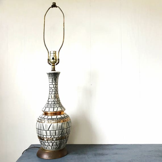 vintage ceramic table lamp mosaic tile look black ivory