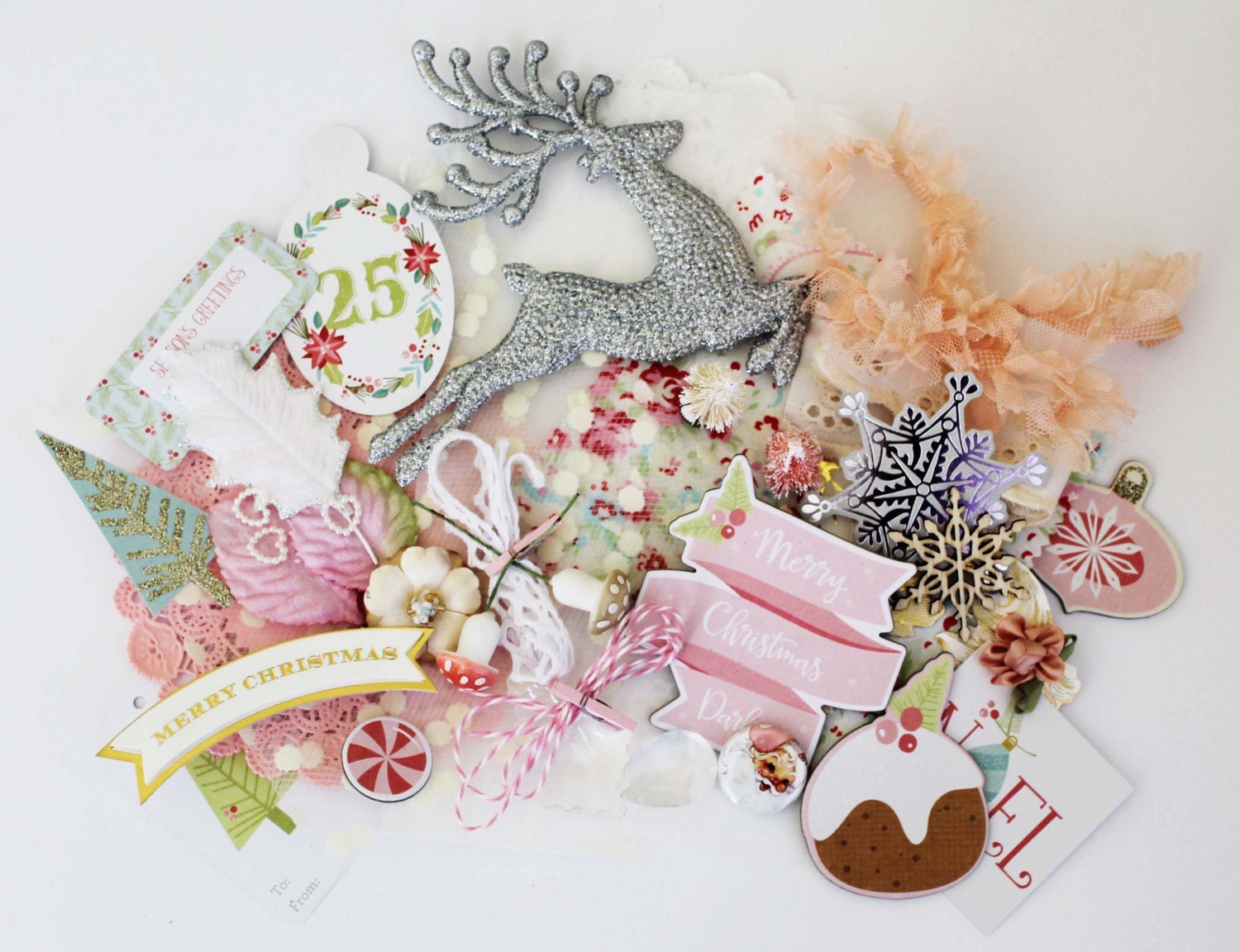 Sweet Pink Christmas Embellishment Kit by lilybeanpaperie on Etsy
