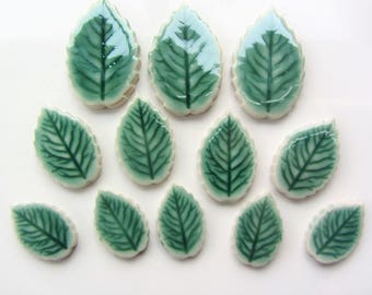 12 ceramic mosaic leaf tiles, handmade, glazed with veins 3 sizes