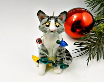 Silver Tabby Cat Christmas Ornament Figurine Lights Porcelain