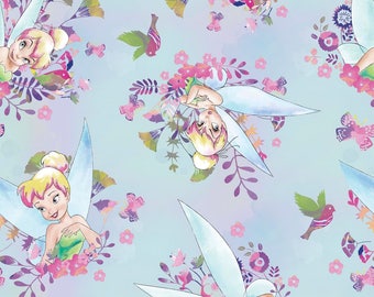 Tinkerbell Fairy Watercolor Blue Floral Disney Cotton Woven by the yard