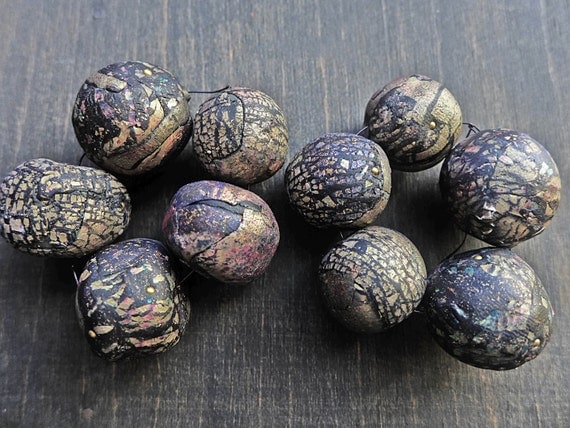 Large handmade art beads with hollow core, crackle texture and iridescence- Dark Treasure series