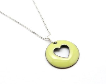 Yellow Heart Necklace - Pale Yellow Heart Pendant Necklace - Yellow Enamel Necklace