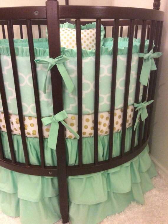 Baby Girl Round Crib Bedding Mint and Gold Ruffled