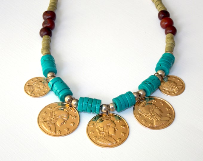 Gold Coin Necklace Mixed Metal Turquoise Blue Jewelry Boho Statement Necklace Brown Green Turquoise Rustic Tribal Roman Coin Greek Jewelry
