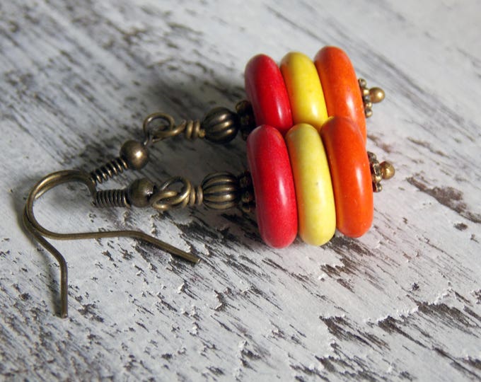 Colorful Wood Earrings Simple Light Minimalist Red Yellow Orange Wood Disk Earrings Summer Jewelry Woodland Hippie Earthy Earrings