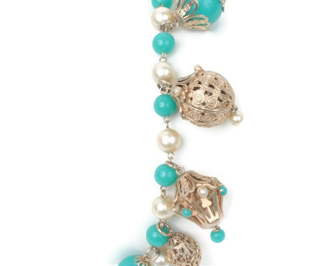 Asian Lanterns Etruscan Fob Style Bracelet Faux Pearls Faux Turquoise Chunky Filigree Germany