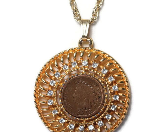 1902 Indian Head Penny Pendant Necklace Rhinestones Vintage