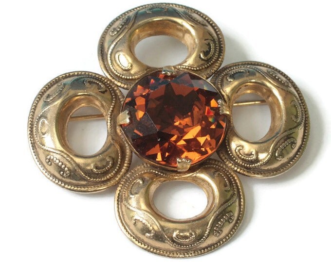 Topaz Glass Quatrefoil Shape Brooch Celtic Style Vintage