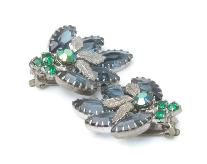 Blue Green AB Rhinestone Earrings Silver Leaves Vintage
