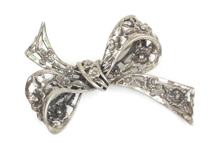 Danecraft Sterling Bow Shaped Brooch Floral Accents Vintage