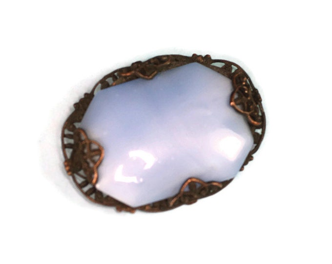 Pale Blue Satin Glass Brooch Filigree Setting Antique