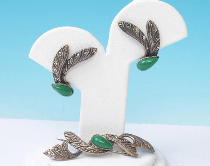 Marcasite Silver Brooch and Earring Set Green Accents Older Vintage