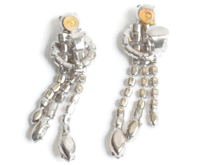 Clear Rhinestone Dangle Earrings Circle Top Three Dangles Crystals Clip On Style Bridal Vintage