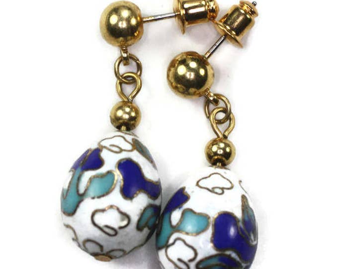 Cloisonne Porcelain Dangle Earrings Egg Shaped Blue and White with Posts Vintage