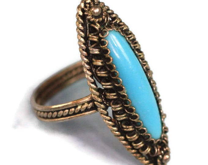 Simulated Turquoise Cabochon Ring Silver Filigree Vintage Size 7.5/P
