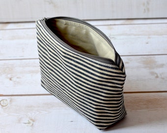 Waxed canvas pouch - waxed canvas bag, black striped travel pouch, zipper pouch, christmas gift pouch