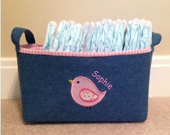Personalized fabric storage bin or basket. Valentines day. Easter basket. Denim with pink or blue gingham.