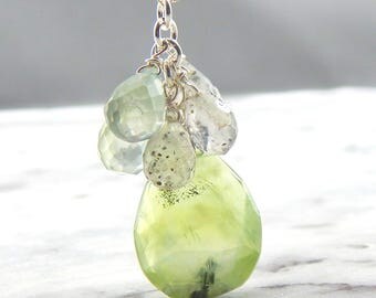 Green Prehnite Necklace,Gemstone Cluster Necklace, Gemstone Jewelry,Green Amethyst,Quartz Necklace,Mothers Necklace,Sterling Silver Chain