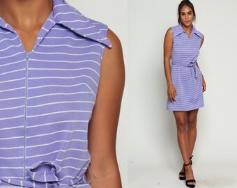 Striped Dress Mod 60s Mini Front Zip Gogo Purple Vintage 70s Shift Collar Twiggy 1970s Sleeveless Belted Minidress Large