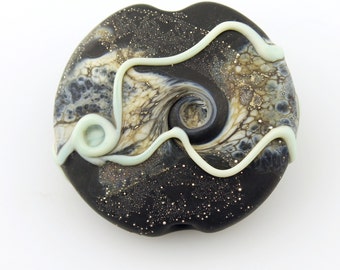 Lampwork Bead, Glass Lentil Focal, Matte Black, Green, Silver